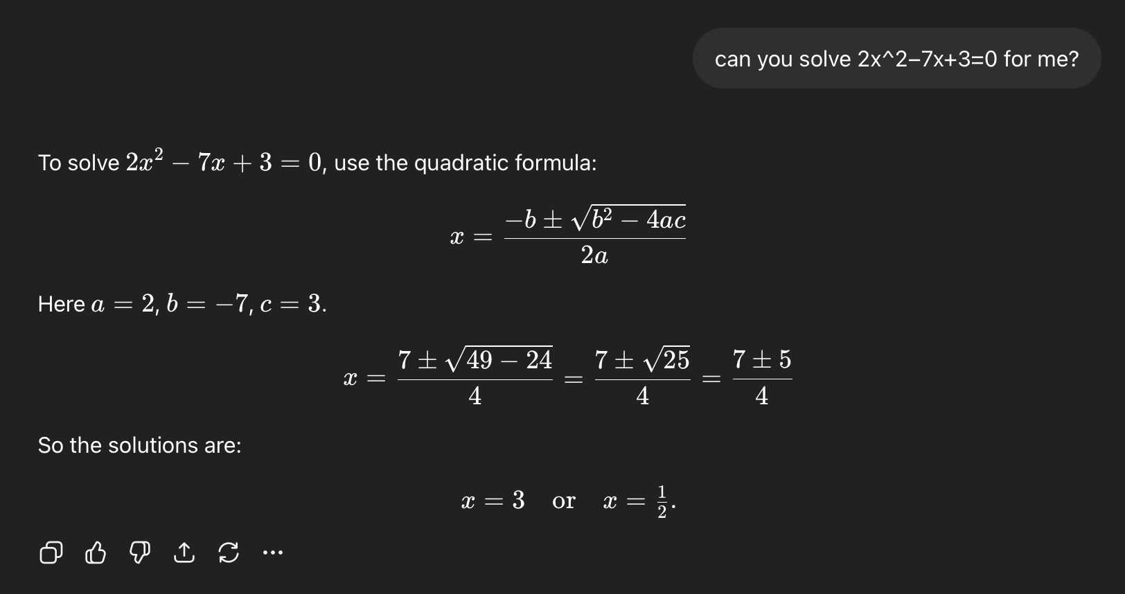 A generic AI assistant giving the full worked solution to a quadratic equation.